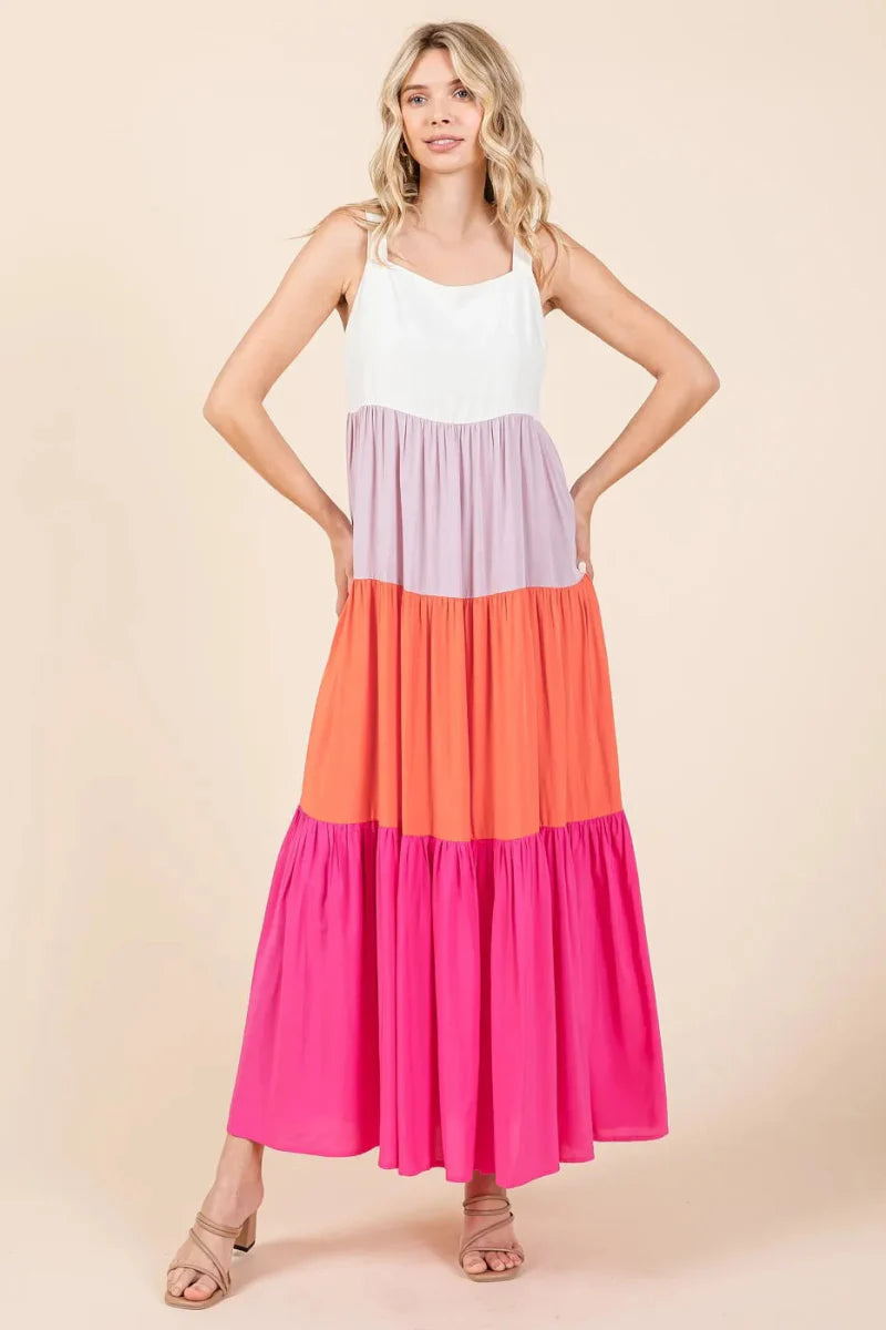 Mittoshop Color Block Tiered Pull-On Maxi Dress for Women