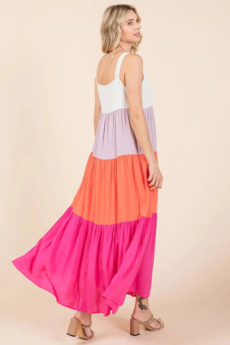 Mittoshop Color Block Tiered Pull-On Maxi Dress for Women