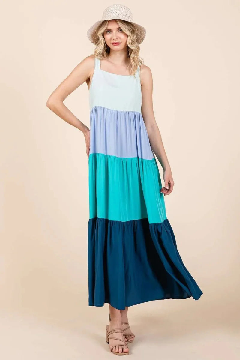 Mittoshop Color Block Tiered Pull-On Maxi Dress for Women