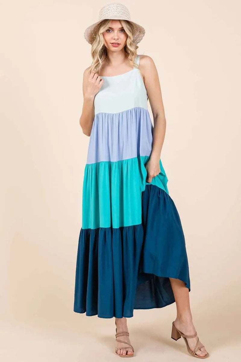 Mittoshop Color Block Tiered Pull-On Maxi Dress for Women