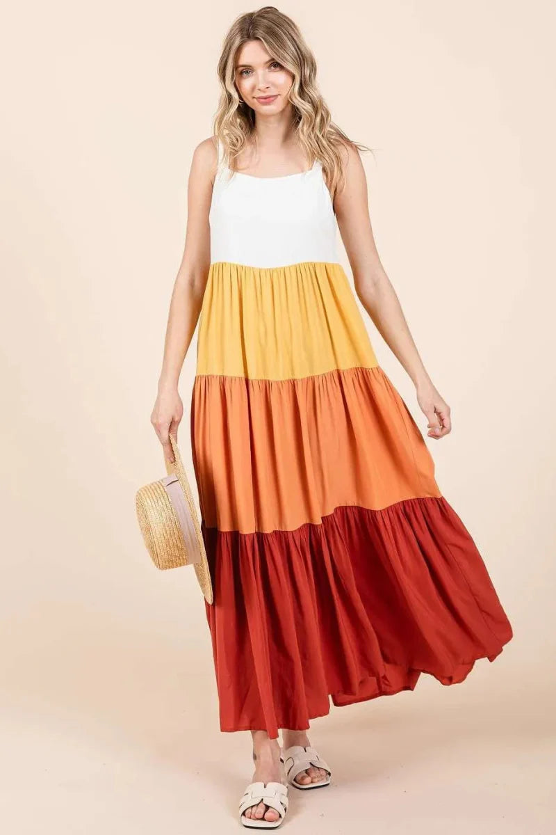 Mittoshop Color Block Tiered Pull-On Maxi Dress for Women