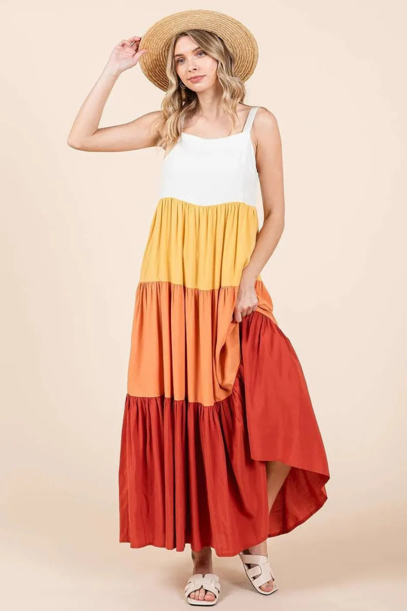 Mittoshop Color Block Tiered Pull-On Maxi Dress for Women