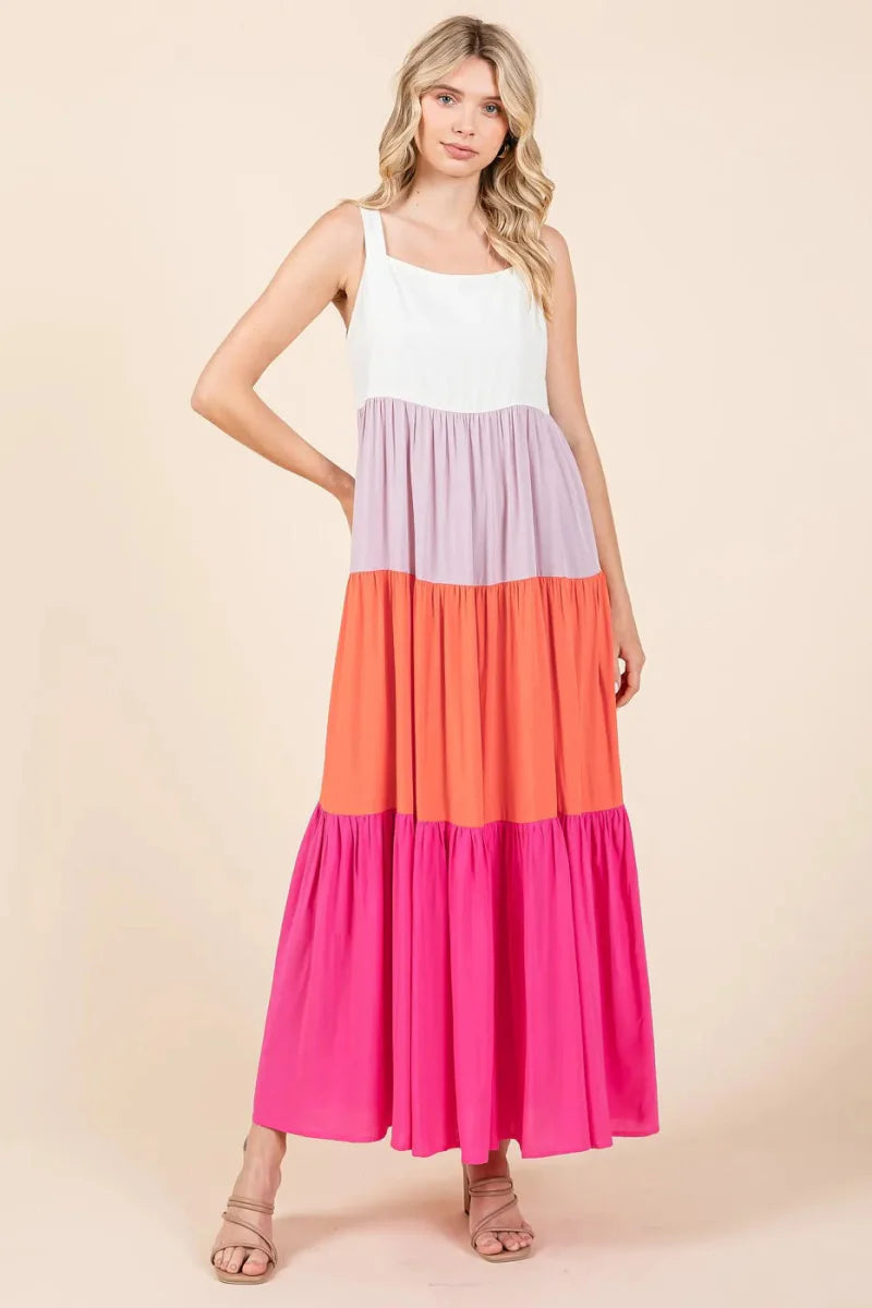 Mittoshop Color Block Tiered Pull-On Maxi Dress for Women