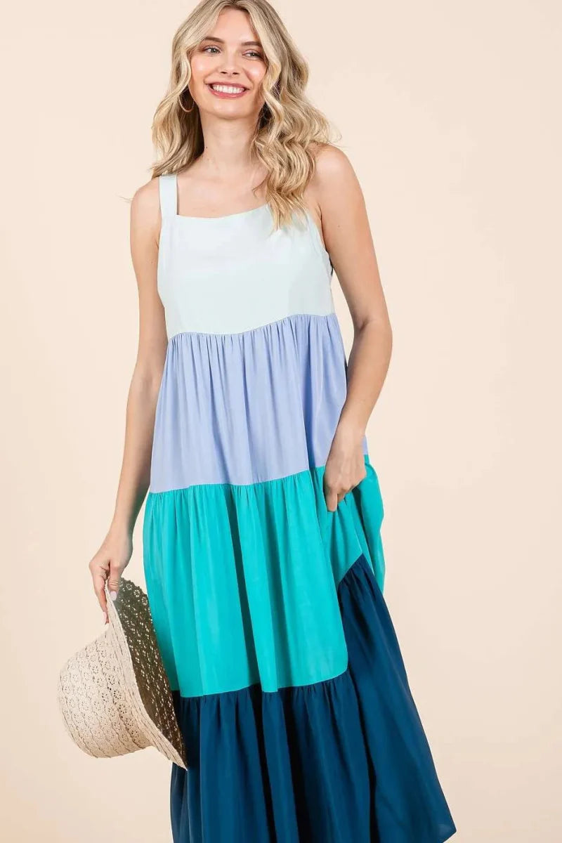 Mittoshop Color Block Tiered Pull-On Maxi Dress for Women