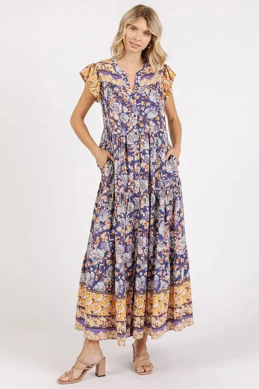 Mittoshop Floral Ruffled Notched Cap Sleeve Maxi Dress