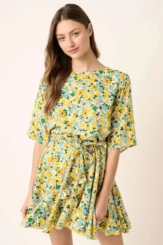 Mittoshop Floral Tie Waist Half Sleeve Mini Dress Women