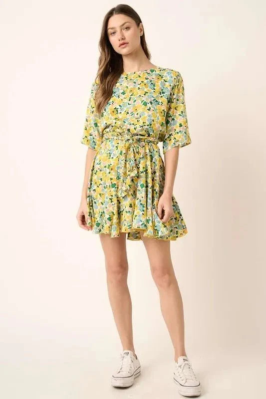 Mittoshop Floral Tie Waist Half Sleeve Mini Dress Women
