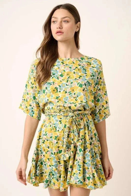 Mittoshop Floral Tie Waist Half Sleeve Mini Dress Women