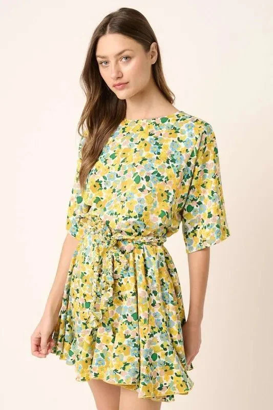 Mittoshop Floral Tie Waist Half Sleeve Mini Dress Women