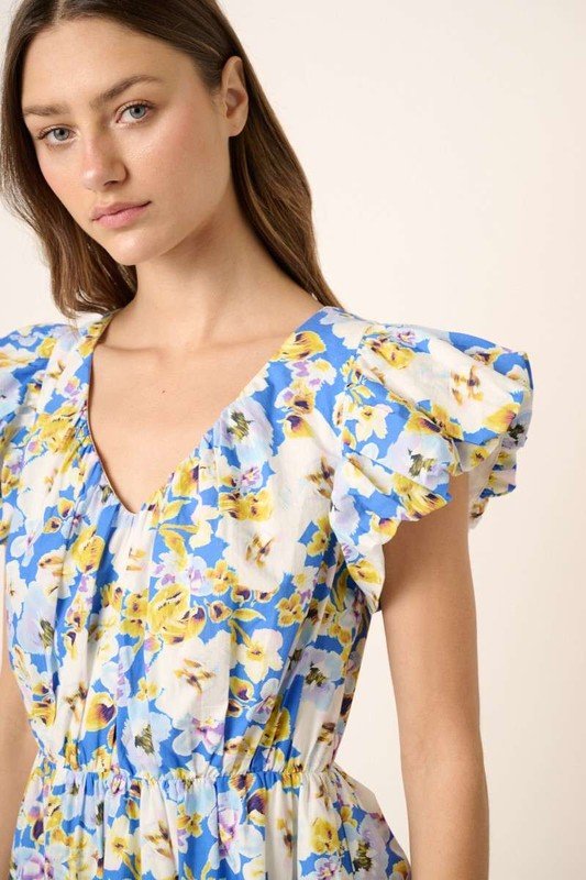 Mittoshop Floral V-Neck Cap Sleeve Mini Dress for Women