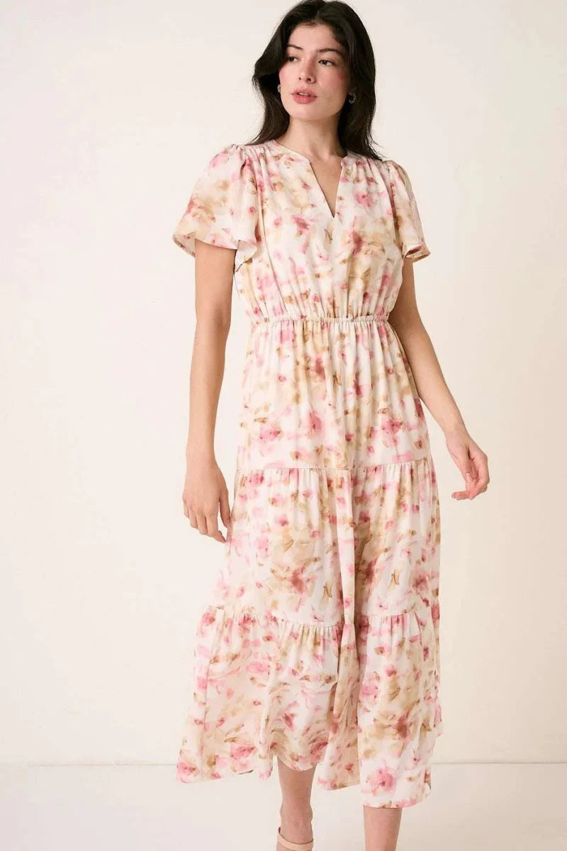 Mittoshop Flower Print Flutter Sleeve V Slit Maxi Dress