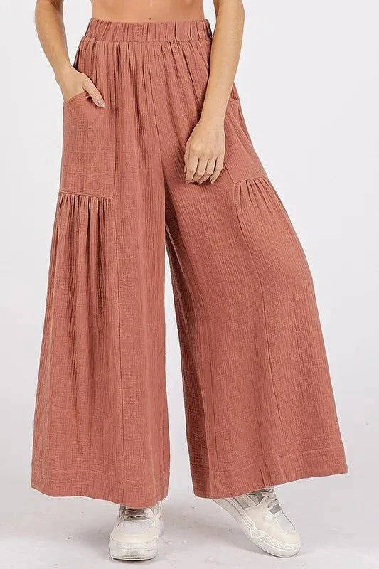 Mittoshop Gauze Elastic Waist Pleated Wide Leg Pants Women