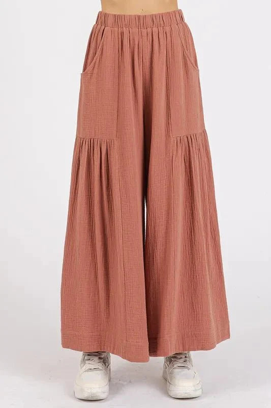 Mittoshop Gauze Elastic Waist Pleated Wide Leg Pants Women