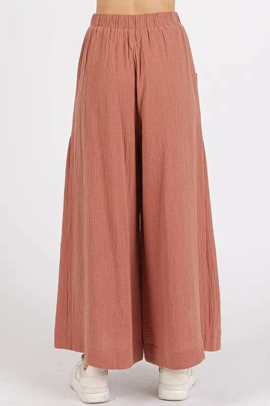 Mittoshop Gauze Elastic Waist Pleated Wide Leg Pants Women