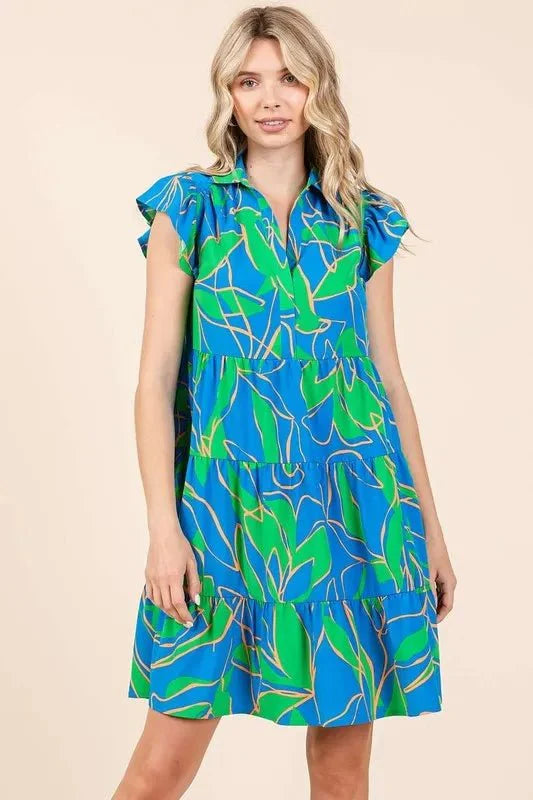 Mittoshop Leaf Print Ruffle Sleeve Tiered Mini Dress For Women