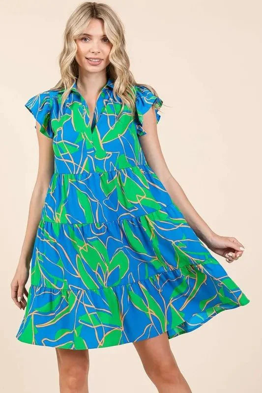 Mittoshop Leaf Print Ruffle Sleeve Tiered Mini Dress For Women