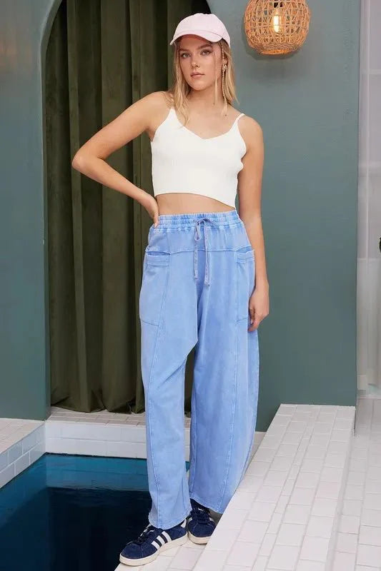 Mittoshop Mineral Wash Elastic Waist Barrel Leg Baggy Pants