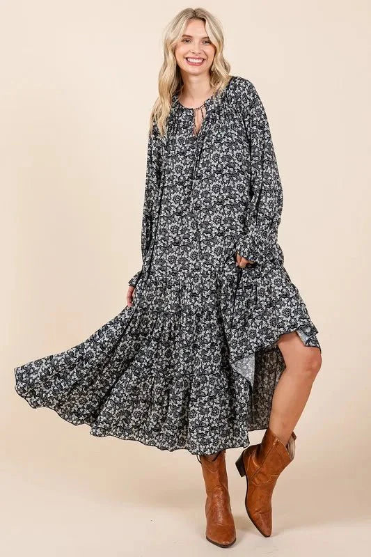 Mittoshop Printed Tie Neck Flounce Sleeve Midi Dress for Women