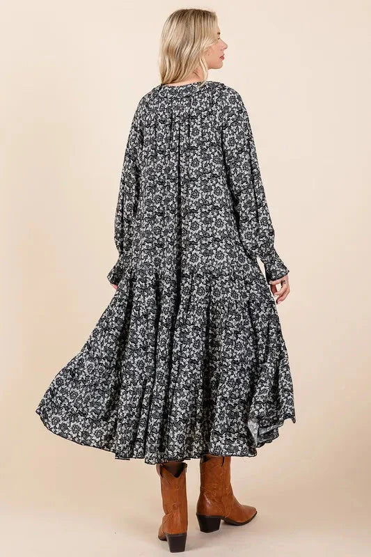 Mittoshop Printed Tie Neck Flounce Sleeve Midi Dress for Women