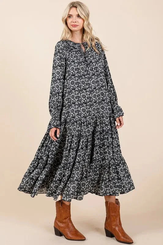 Mittoshop Printed Tie Neck Flounce Sleeve Midi Dress for Women