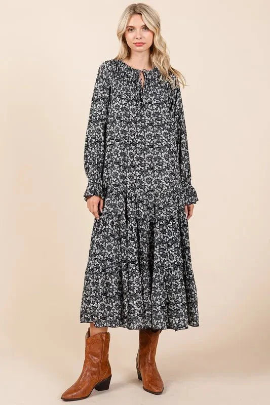 Mittoshop Printed Tie Neck Flounce Sleeve Midi Dress for Women