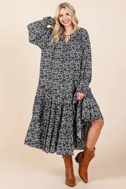 Mittoshop Printed Tie Neck Flounce Sleeve Midi Dress for Women