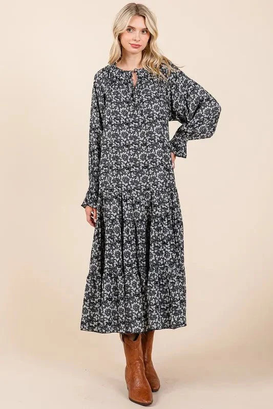 Mittoshop Printed Tie Neck Flounce Sleeve Midi Dress for Women