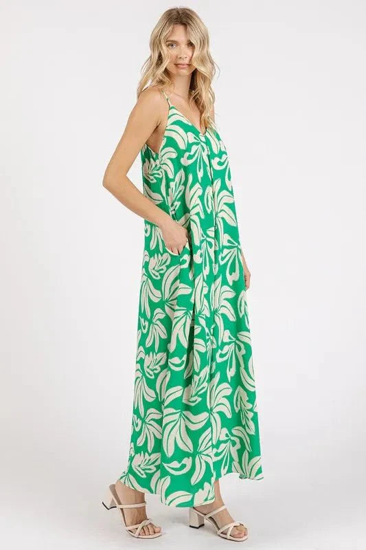 Mittoshop Printed V-Neck Maxi Cami Dress with Pockets Opaque