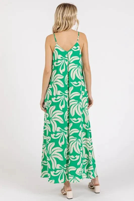Mittoshop Printed V-Neck Maxi Cami Dress with Pockets Opaque