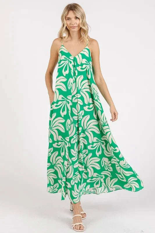 Mittoshop Printed V-Neck Maxi Cami Dress with Pockets Opaque