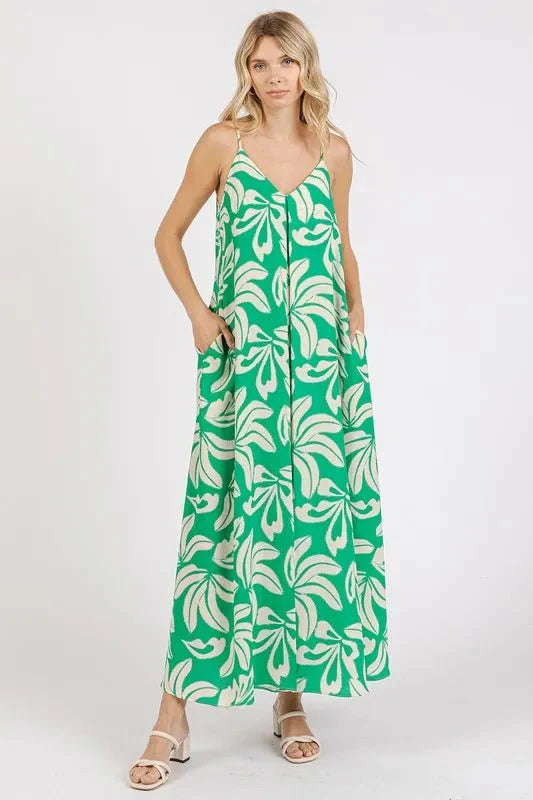 Mittoshop Printed V-Neck Maxi Cami Dress with Pockets Opaque