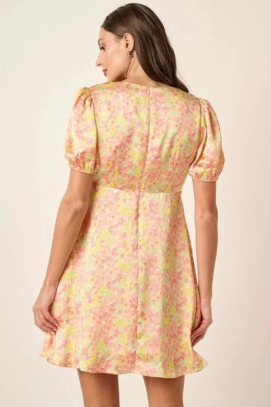 Mittoshop Printed V-Neck Puff Sleeve Mini Dress for Women