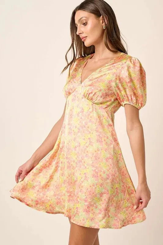 Mittoshop Printed V-Neck Puff Sleeve Mini Dress for Women
