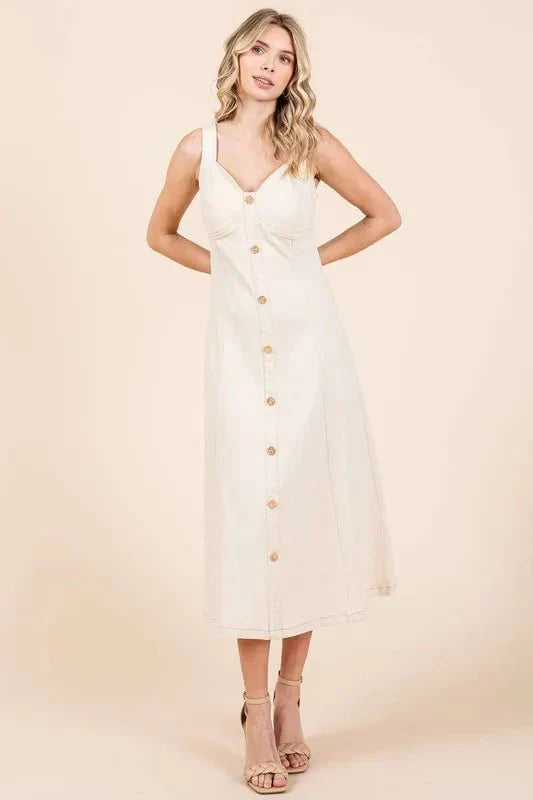 Mittoshop Stretch Twill Decor Button Sleeveless Midi Dress