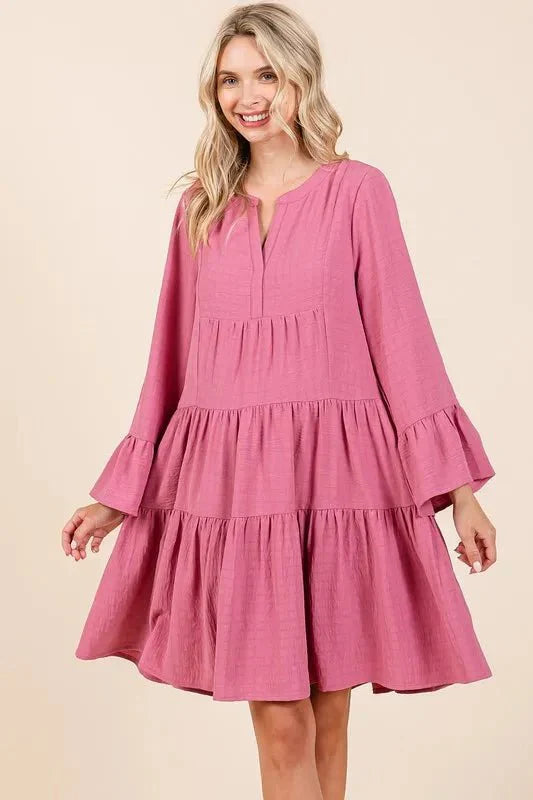 Mittoshop Tiered Notched Flare Sleeve Dress for Women