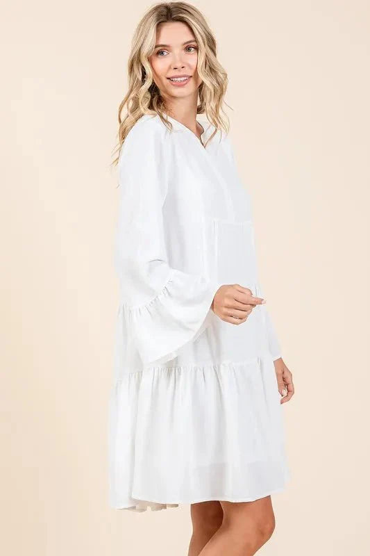 Mittoshop Tiered Notched Flare Sleeve Dress for Women