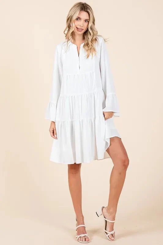 Mittoshop Tiered Notched Flare Sleeve Dress for Women