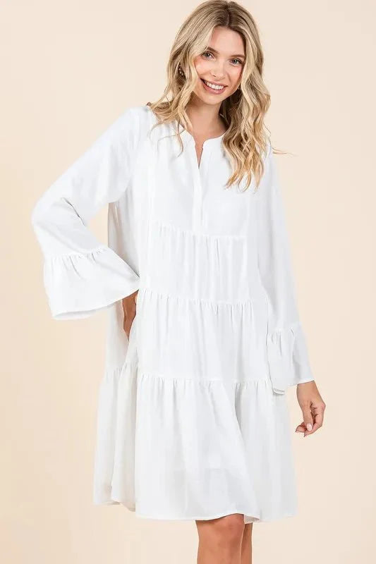 Mittoshop Tiered Notched Flare Sleeve Dress for Women