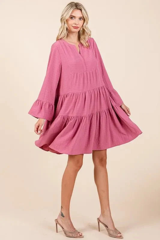 Mittoshop Tiered Notched Flare Sleeve Dress for Women