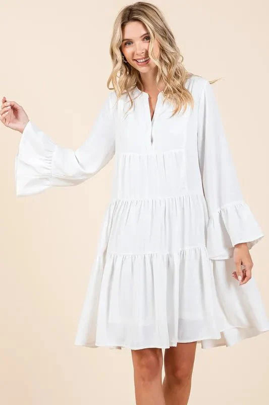 Mittoshop Tiered Notched Flare Sleeve Dress for Women