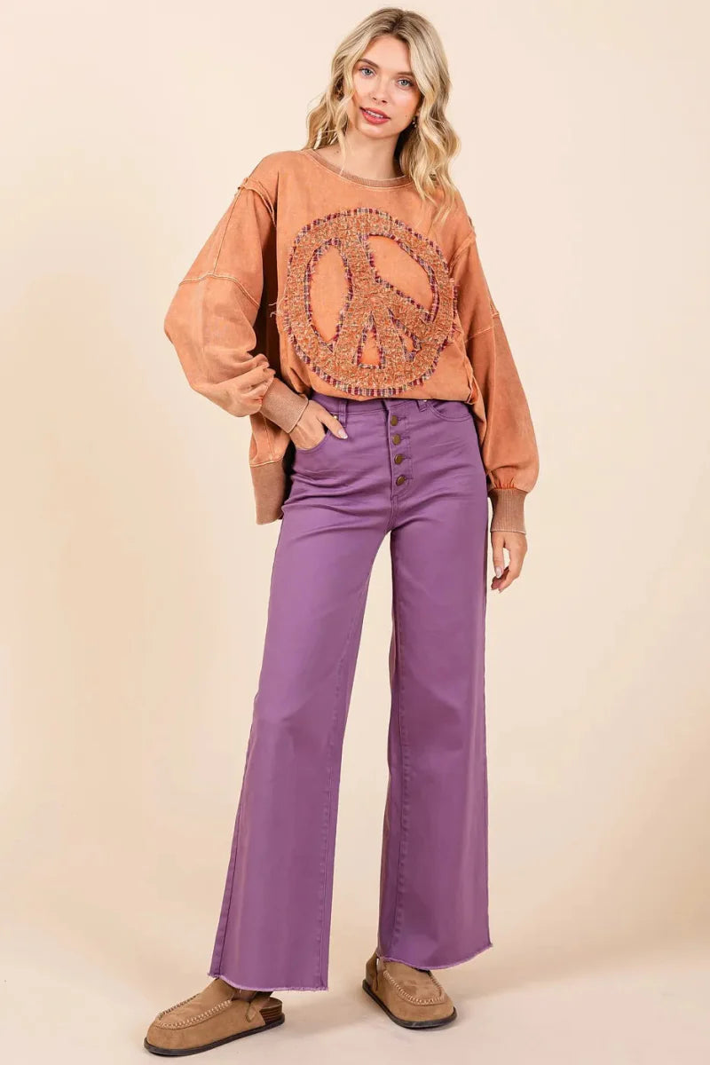 Mittoshop Twill High Waisted Button Fly Wide Leg Pants
