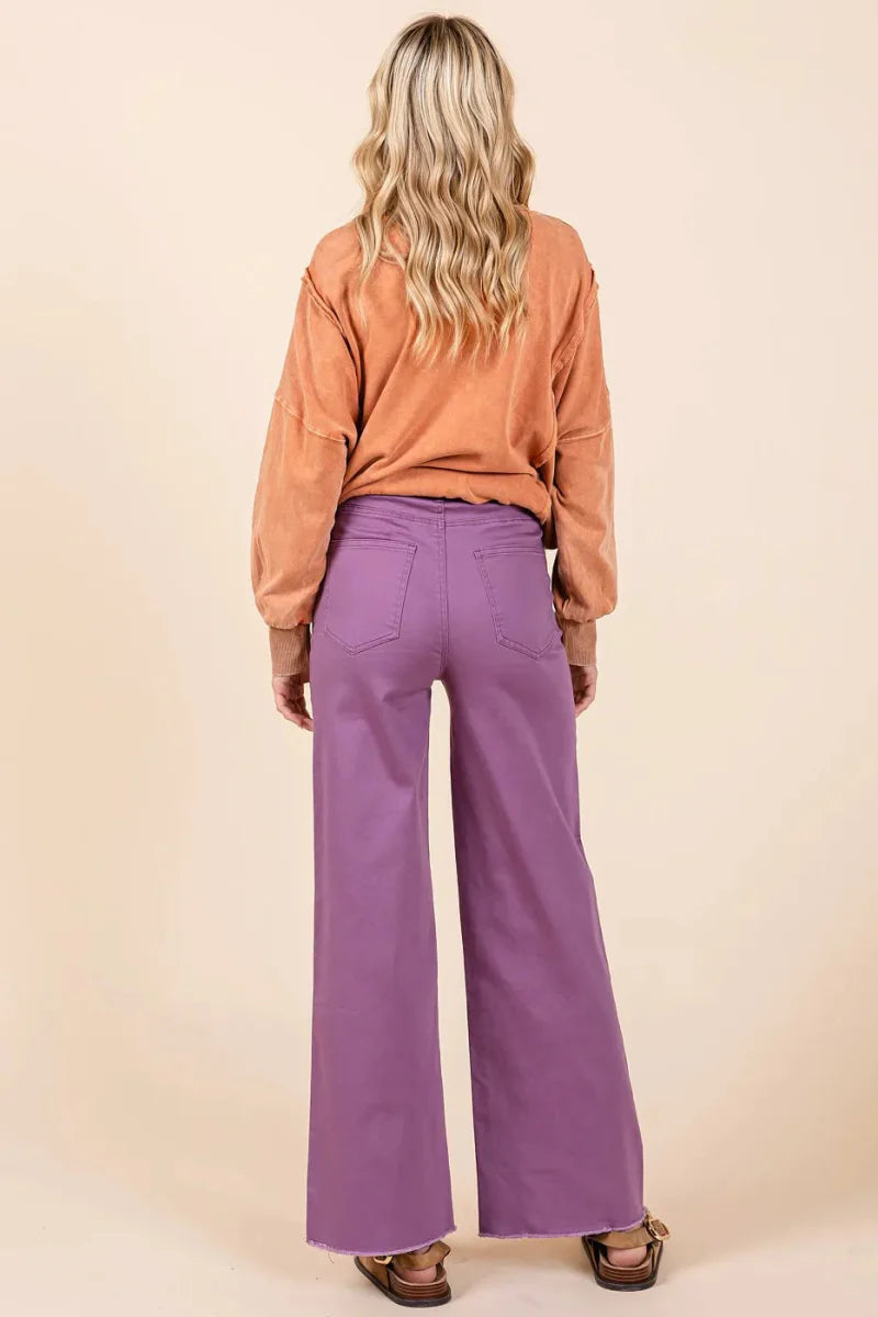 Mittoshop Twill High Waisted Button Fly Wide Leg Pants