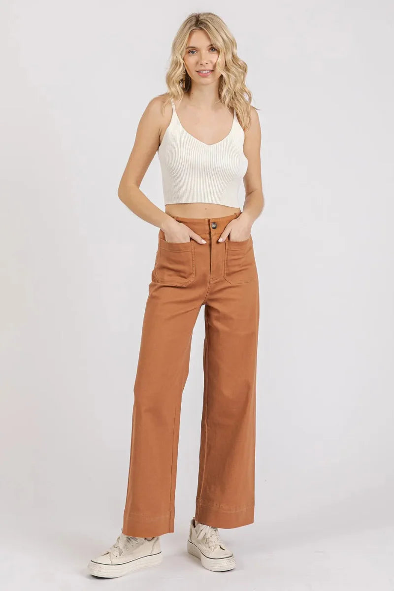 Mittoshop Twill Patch Pocket High Rise Wide Leg Pants
