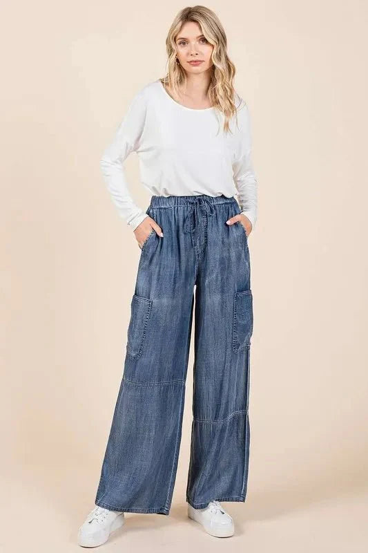 Mittoshop Washed Elastic Waist Cargo Wide Leg Pants Style