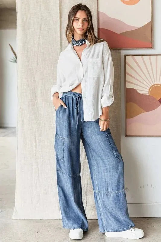 Mittoshop Washed Elastic Waist Cargo Wide Leg Pants Style