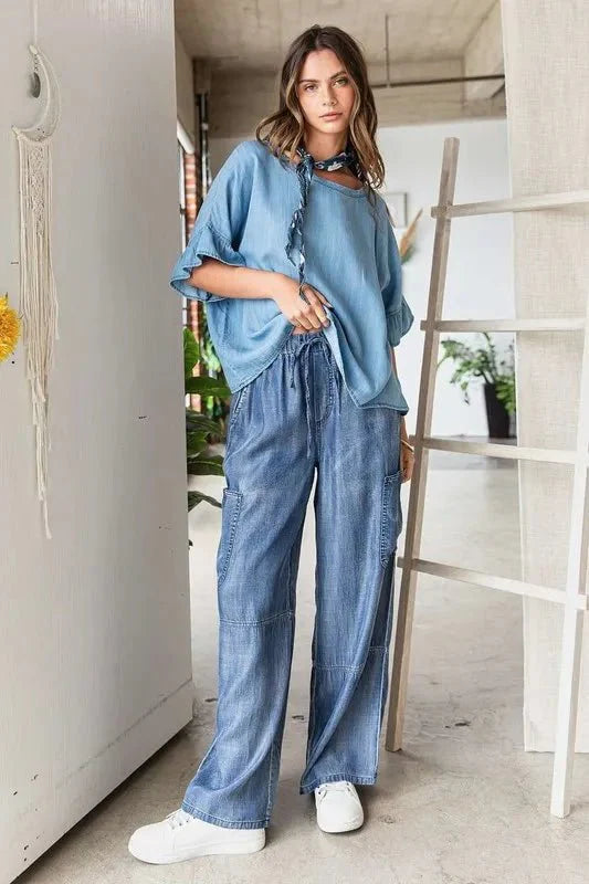 Mittoshop Washed Elastic Waist Cargo Wide Leg Pants Style