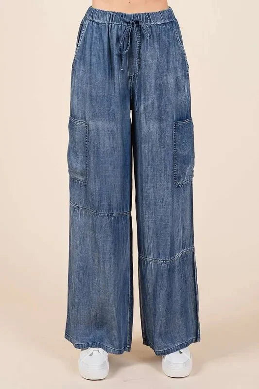 Mittoshop Washed Elastic Waist Cargo Wide Leg Pants Style