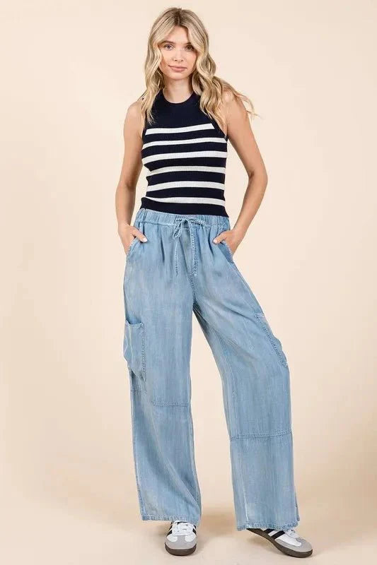 Mittoshop Washed Elastic Waist Cargo Wide Leg Pants Women