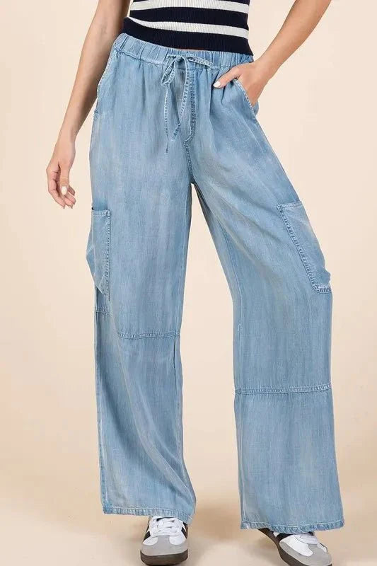 Mittoshop Washed Elastic Waist Cargo Wide Leg Pants Women