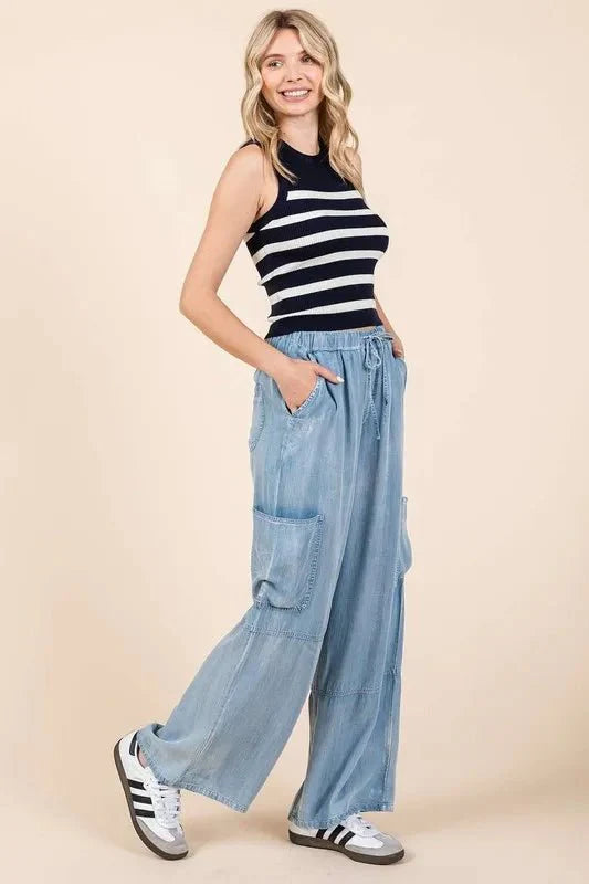 Mittoshop Washed Elastic Waist Cargo Wide Leg Pants Women